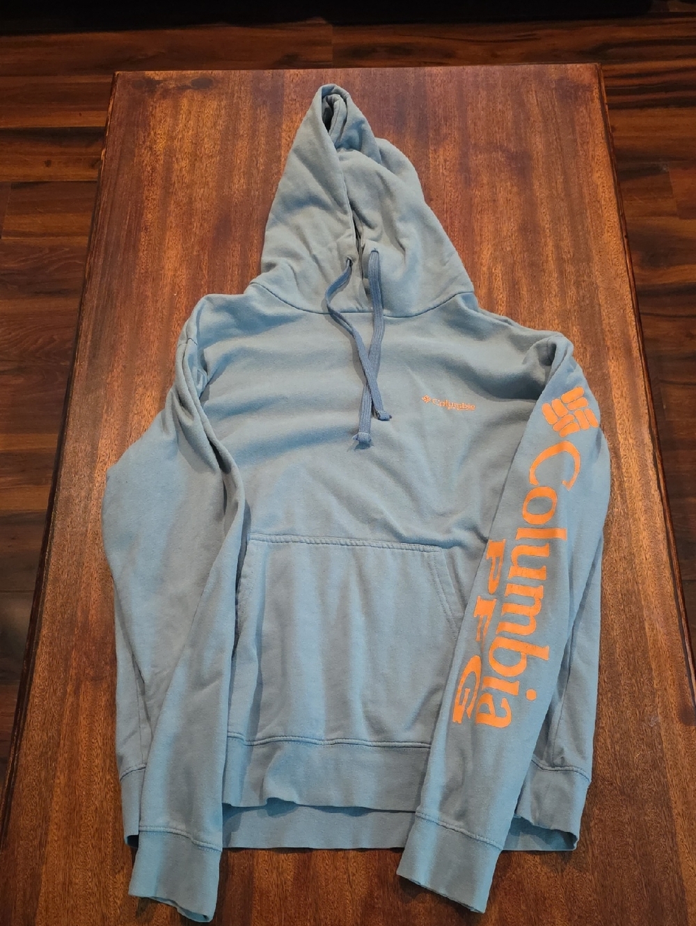 Columbia Light Blue Hoodie with Orange Sleeve Script